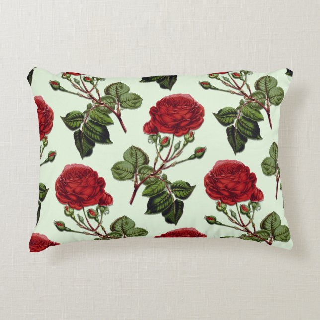Red Long Stem Rose Pattern Mint Green Background Decorative Cushion (Front)
