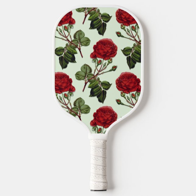 Red Long Stem Rose Pattern Mint Green Background Pickleball Paddle (Front)