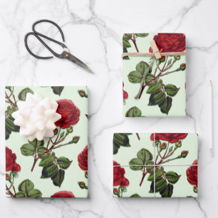 Red Long Stem Rose Pattern Mint Green Background Wrapping Paper Sheet