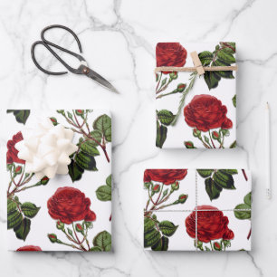 Red Long Stem Rose Pattern Wrapping Paper Sheet