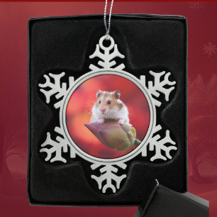 Red Lotus Bud Hamster Snowflake Pewter Christmas Ornament