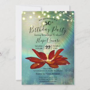 Red Lotus Flower Blue 50th Birthday Party Invitation