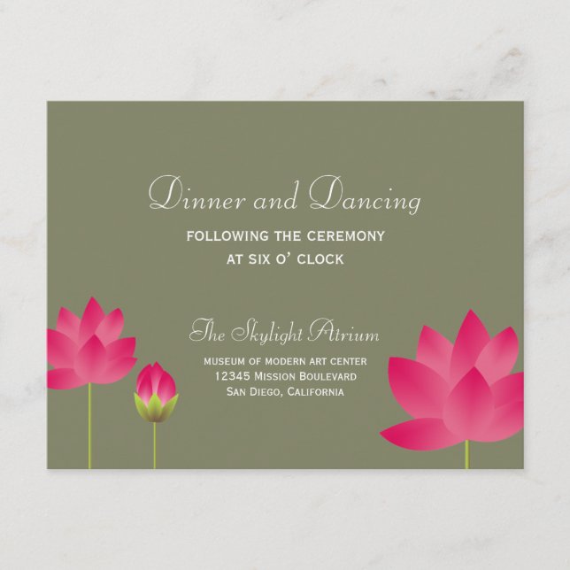 Red lotus flower green wedding reception enclosure card (Front)