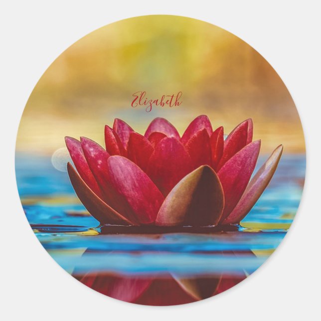Red Lotus Flower Landscape, Zen Classic Round Sticker (Front)