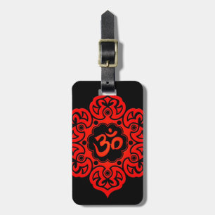 Red Lotus Flower Om on Black Luggage Tag
