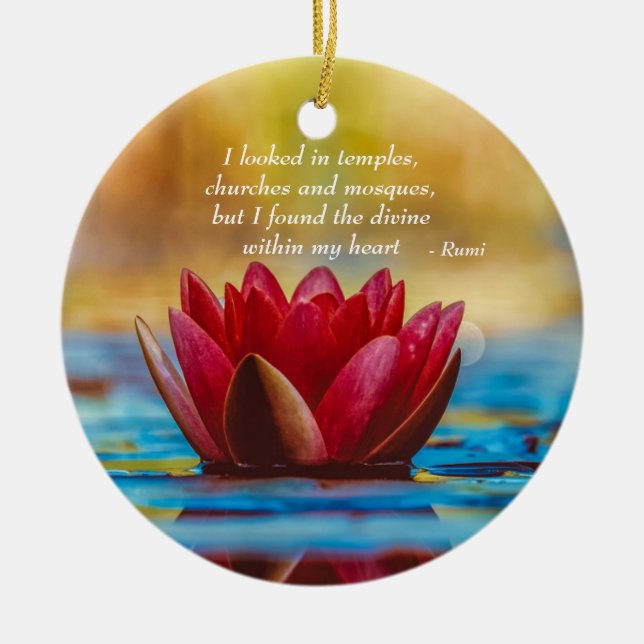 Red Lotus Flower on Blue Water Spiritual Quote Ceramic Tree Decoration (Front)
