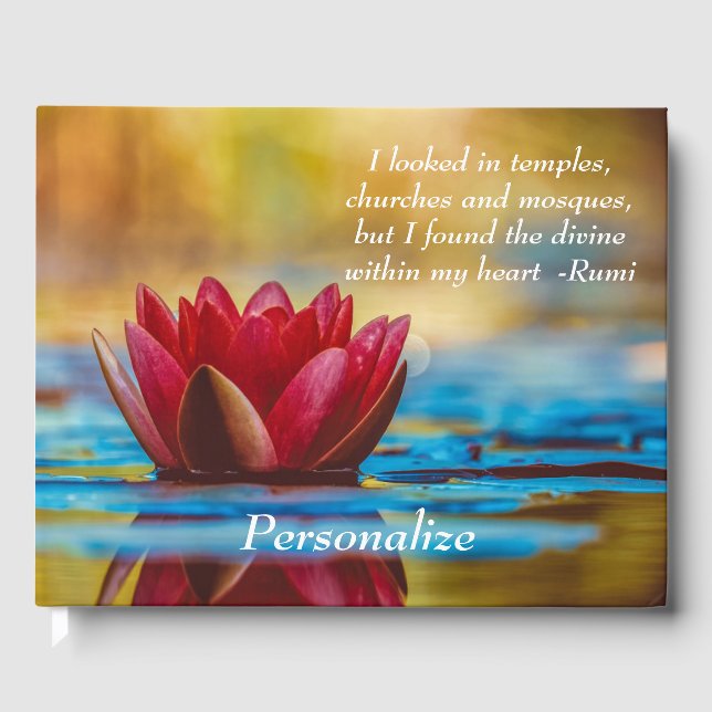 Red Lotus Flower on Blue Water Spiritual Quote Guest Book (Front)