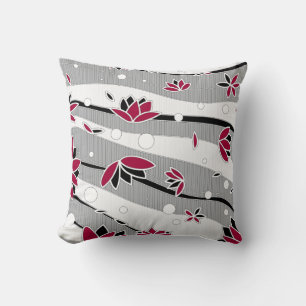 Red Lotus Flowers on Grey Stripes Cushion