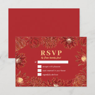 Red Lotus Waterlily Flower Oriental Floral Wedding RSVP Card