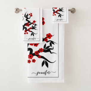 Red love birds cherry tree, blossoms black border bath towel set