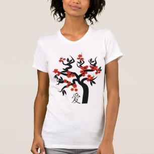 Red love Birds On Sakura Tree Chinese Love Symbol T-Shirt