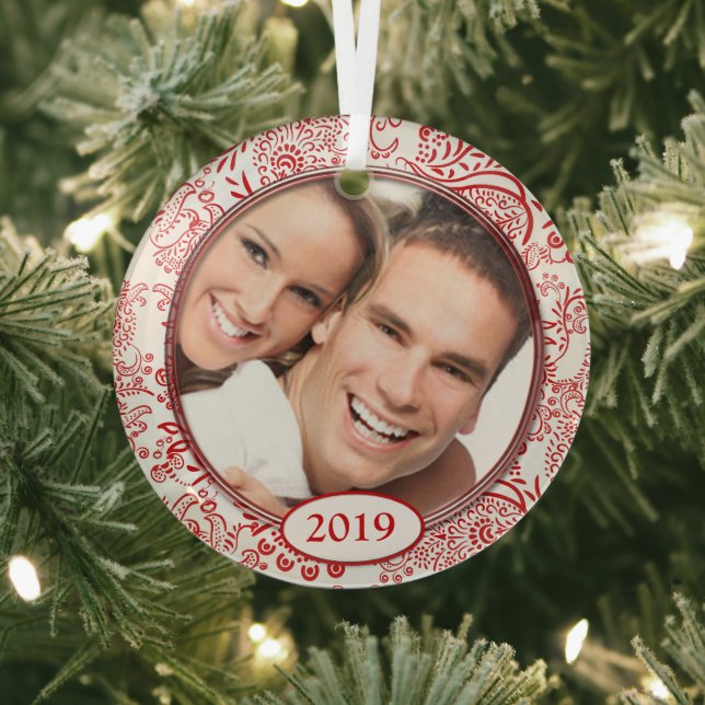 Red Love Birds Your Photo Christmas Ornament (Insitu)
