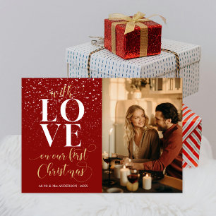 Red Love First Christmas Mr & Mrs Photo Script Holiday Card