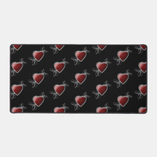 Red Love Heart Glowing Against Midnight Black Desk Mat