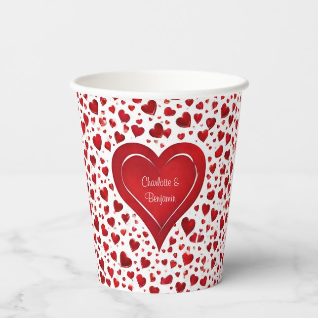 Red Love Heart Pattern Valentine Name Paper Cups (Back)