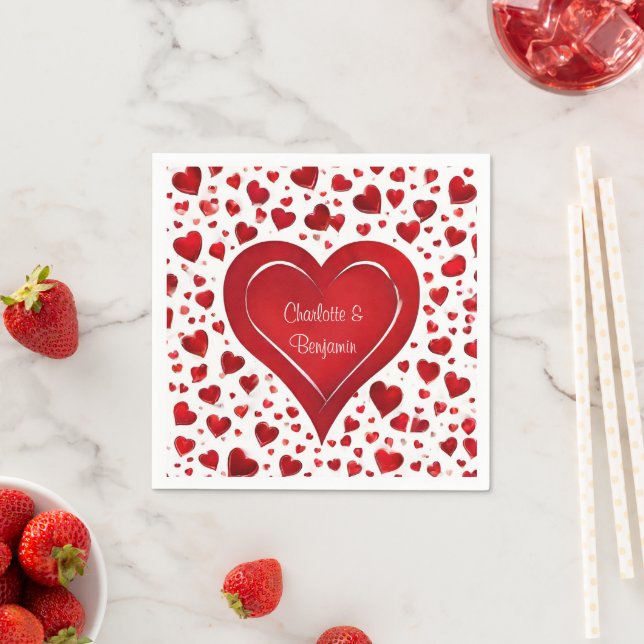 Red Love Heart Pattern Valentine Name Party Napkin (Insitu)