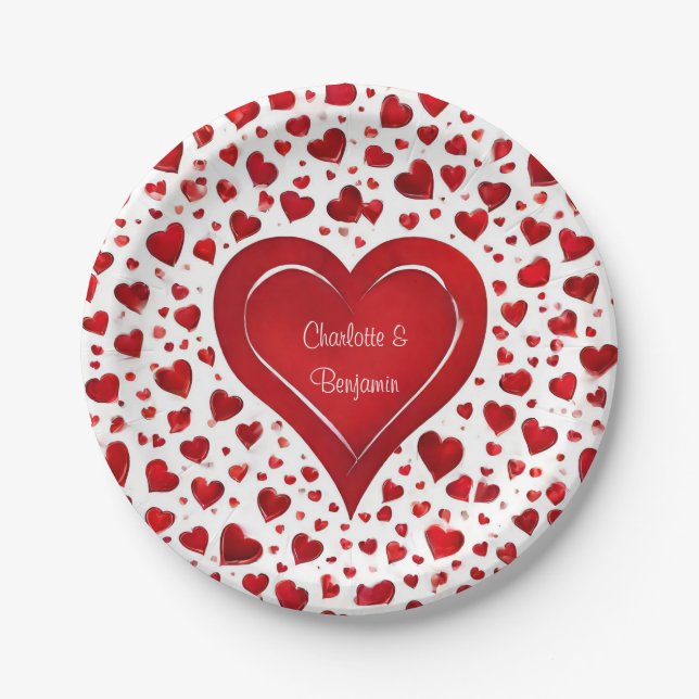 Red Love Heart Pattern Valentine Name Party Paper Plate (Front)