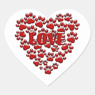 Red Love Heart Paw Prints Stickers