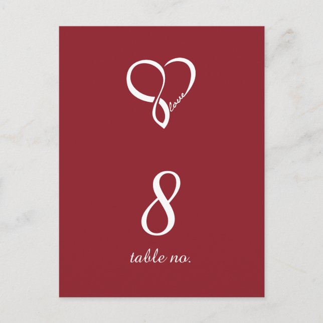 Red Love Heart Wedding Table Number Cards (Front)