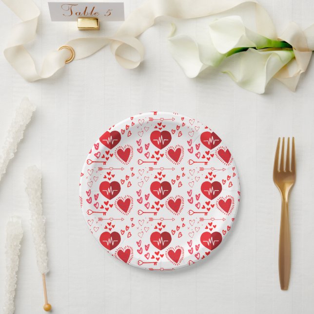 Red love hearts and arrow  paper plate (Wedding)