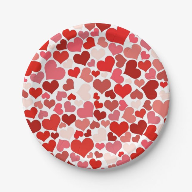 Red Love Hearts Mosaic Pattern Paper Plate (Front)