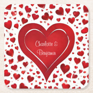 Red Love Hearts Name Valentines Party Square Paper Coaster