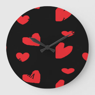 Red love hearts on black large clock