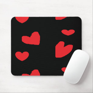 Red love hearts on black mouse mat