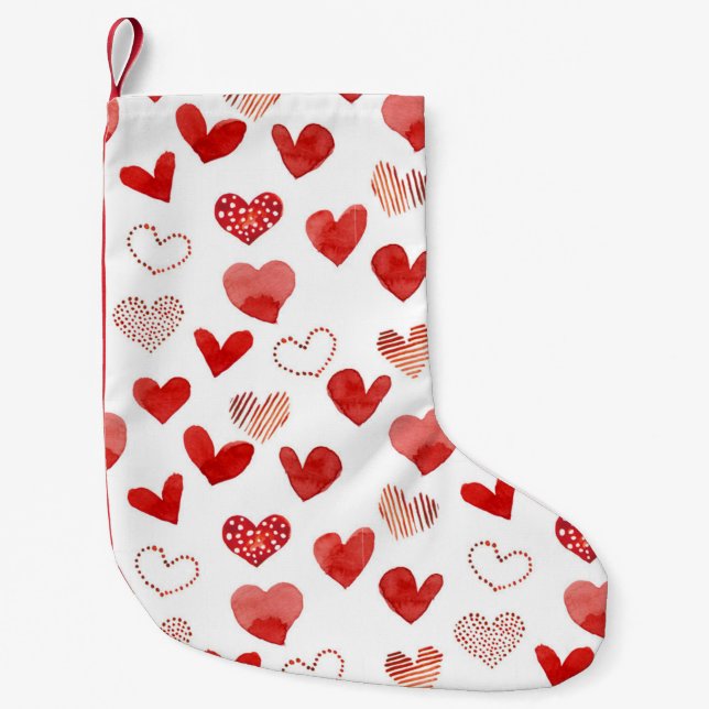 Red love hearts, watercolor pattern. small christmas stocking (Front)