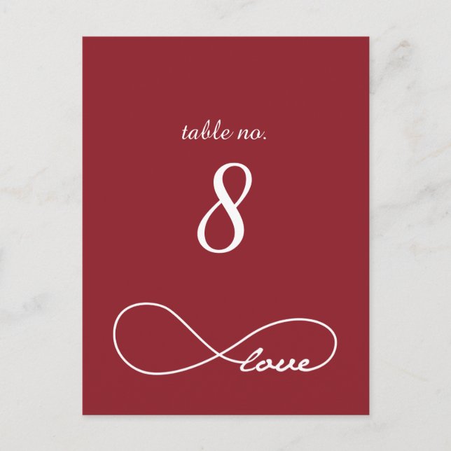 Red Love Infinity Wedding Table Number Cards (Front)