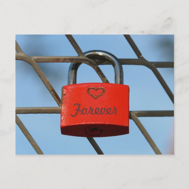 Red Love Lock Padlockwith Heart on Fence Postcard (Front)