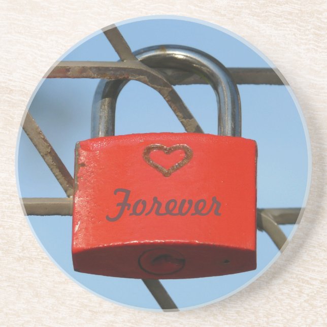 Red Love Lock with Heart on Fence, "Forever" Coaster (Front)
