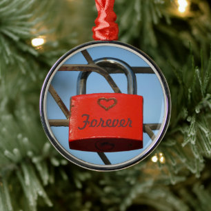 Red Love Lock with Heart on Fence, "Forever" Metal Tree Decoration