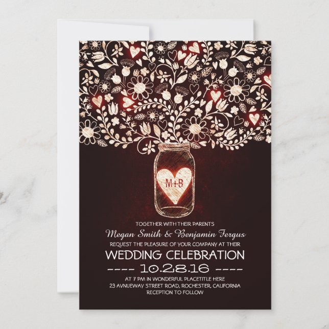 Red love mason jar flowers wedding invites (Front)