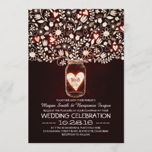 Red love mason jar flowers wedding invites