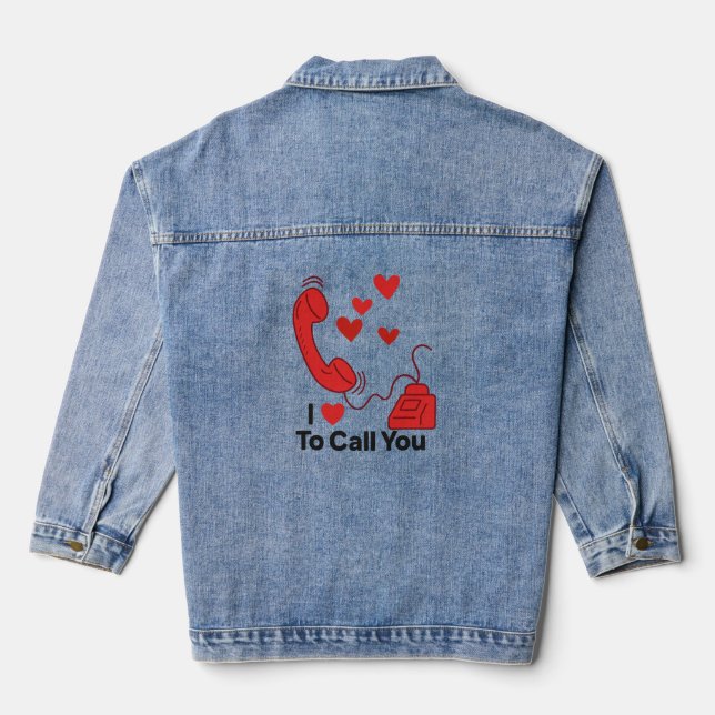 Red Love Phone – Cute Retro Call Illustration Denim Jacket (Back)