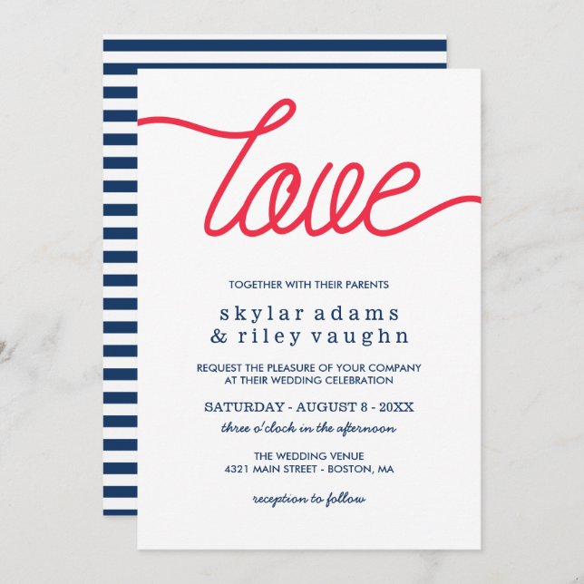 Red Love Preppy Blue Wedding Invitation (Front/Back)