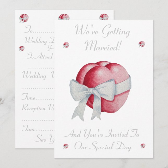 red love red hearts with white bow wedding invites (Front/Back)