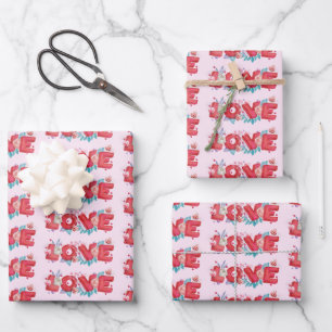 Red Love Text in Block Font Watercolor Pattern Wrapping Paper Sheet