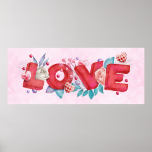 Red Love Text in Bold Block Font Watercolor Poster