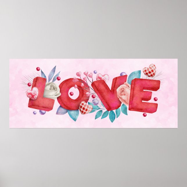 Red Love Text in Bold Block Font Watercolor Poster (Front)