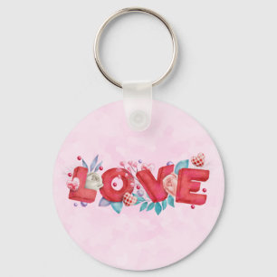 Red Love Text in Bold Block Letters Watercolor Key Ring