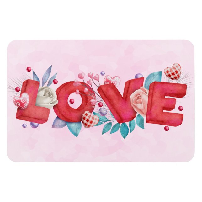 Red Love Text in Bold Block Letters Watercolor Magnet (Horizontal)
