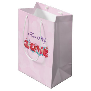 Red Love Text in Bold Block Letters Watercolor Medium Gift Bag