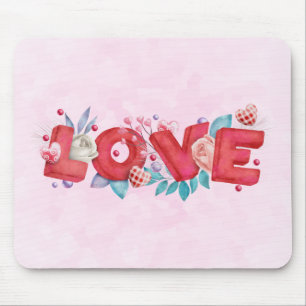 Red Love Text in Bold Block Letters Watercolor Mouse Mat