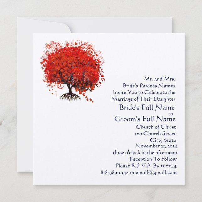 Red Love Tree Square Wedding Invitation (Front)