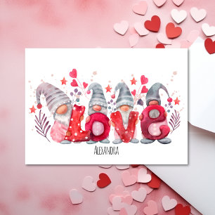 Red Love Word With Watercolor Gnomes Valentines Holiday Card
