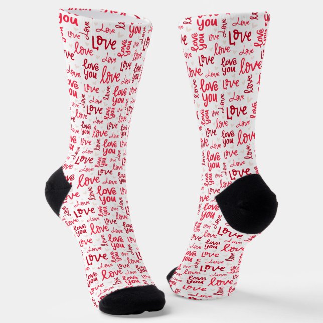 Red Love Words Typography Pattern Valentine Socks (Angled)