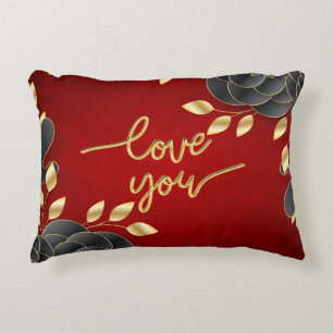 Red Love You With Black and Gold Floral Border Decorative Cushion