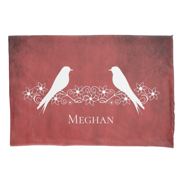 Red Lovebirds Floral Vine Pillowcase (Front)